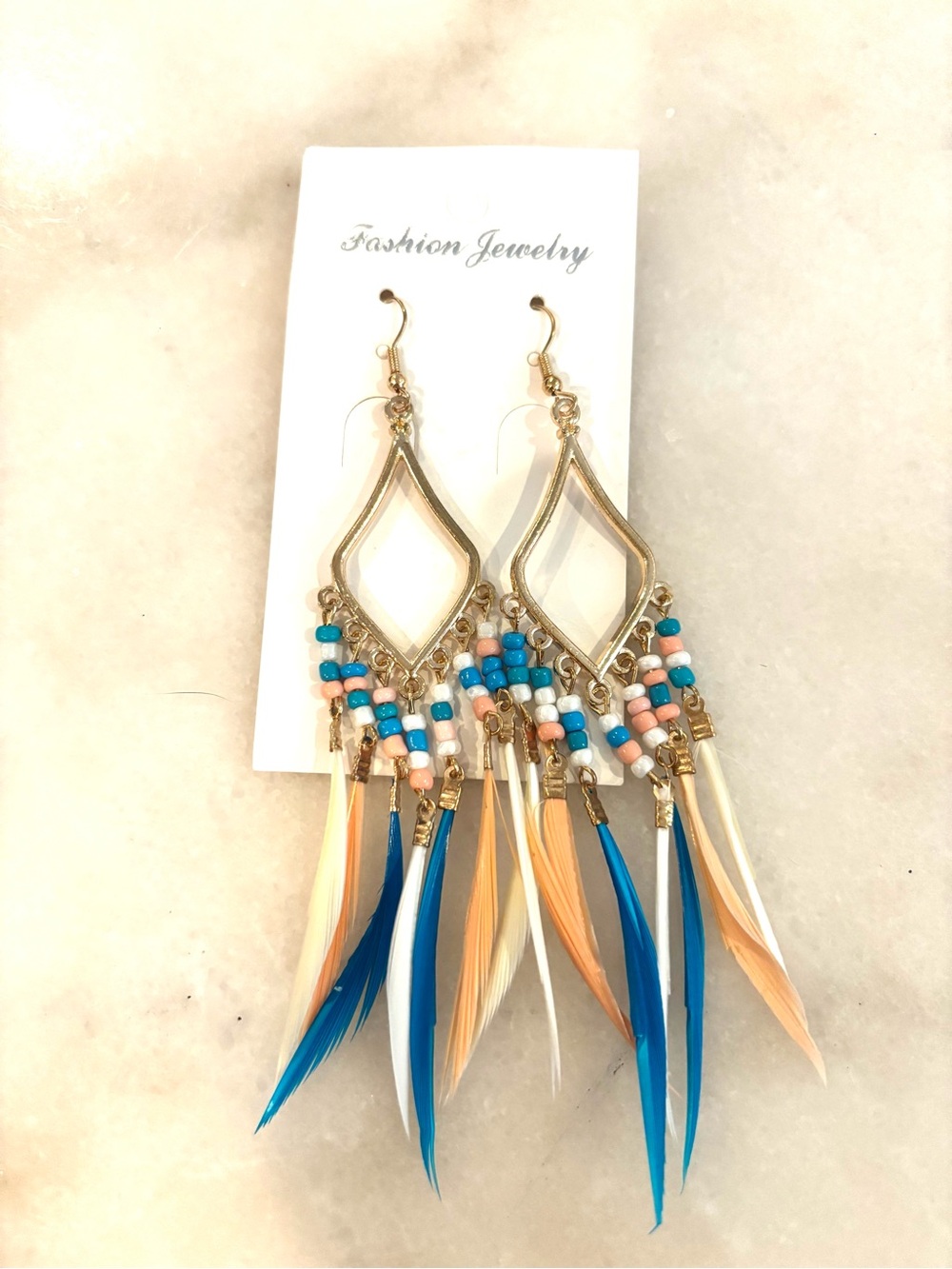 Fashion Jewelry Gold-Tone Feather Teardrop Earrings - Blue, Peach & White
